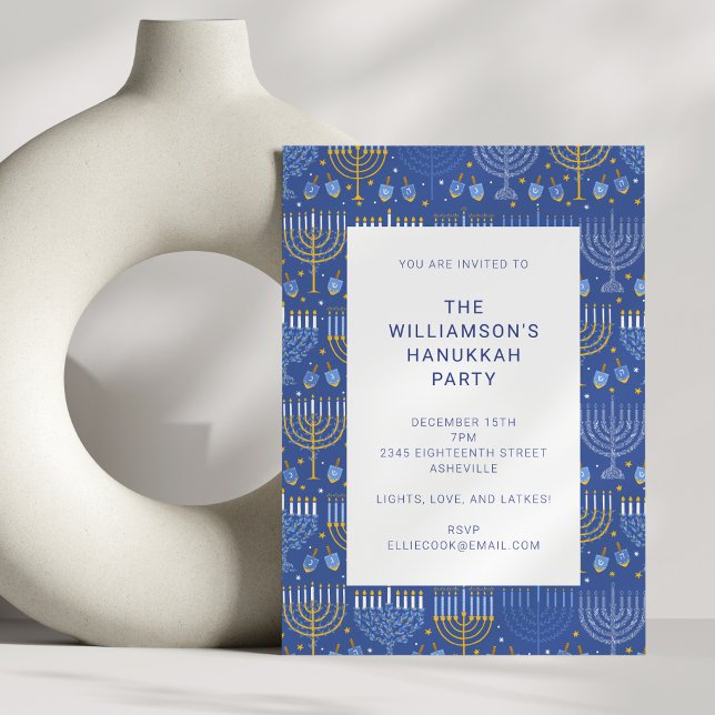 Modern Blue Yellow Menorah Hanukkah Party Invitation (Creator Uploaded)