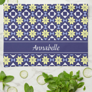 Modern Blue Yellow Moroccan Floral Pattern Name Tea Towel