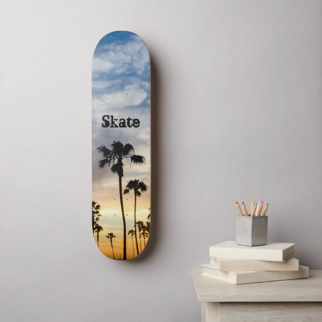 Modern Blue Yellow Personalised Palm Tree Sunset Skateboard (Wall Art)