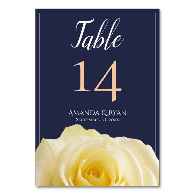 Modern Blue Yellow Rose Floral Wedding Table Number (Front)