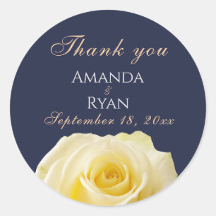 Modern Blue Yellow Rose Floral Wedding Thank you Classic Round Sticker