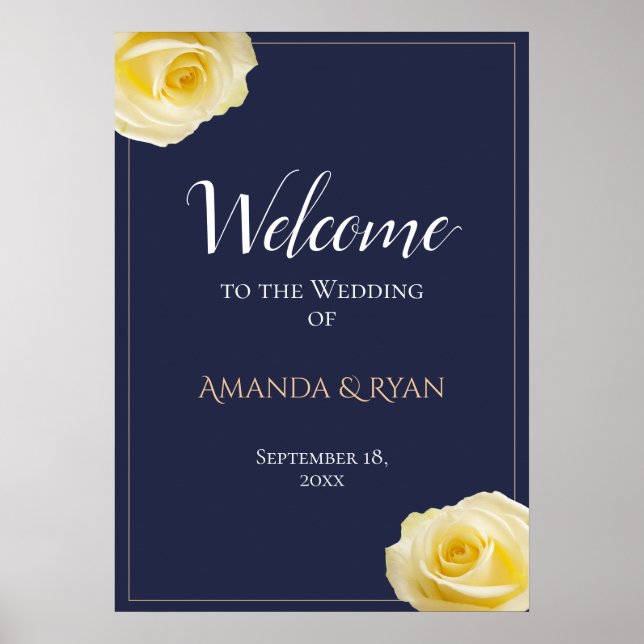 Modern Blue Yellow Roses Floral Wedding Welcome Poster (Front)
