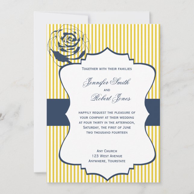 Modern Blue Yellow Stripe Wedding Invitation (Front)