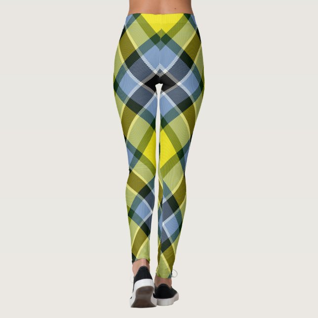 Modern Blue & Yellow Tartan Plaid Pattern Leggings (Back)