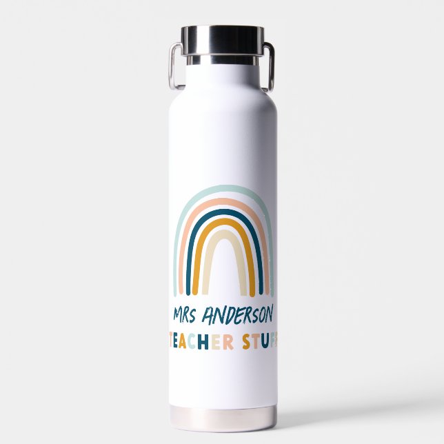 Modern blue yellow teacher elegant rainbow gift wa water bottle (Front)