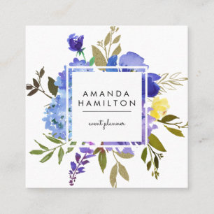 Modern Blue YELLOW Watercolor Peony Floral Square Business Card