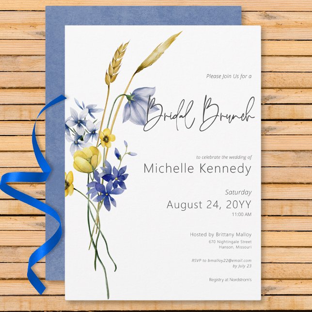 Modern Blue & Yellow Wildflowers Bridal Brunch Invitation (Modern Blue & Yellow Wildflowers Bridal Brunch Invitation)