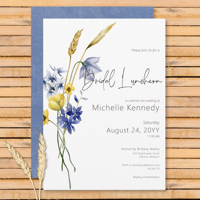 Modern Blue & Yellow Wildflowers Bridal Luncheon Invitation (Modern Blue & Yellow Wildflowers Bridal Luncheon Invitation)