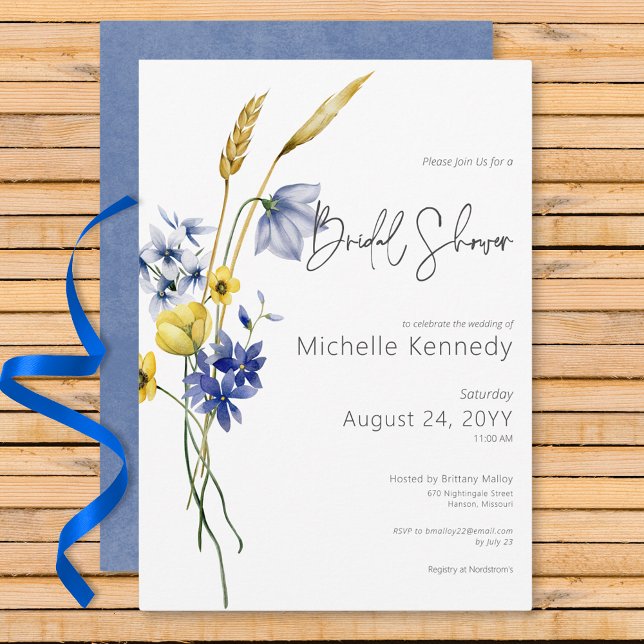 Modern Blue & Yellow Wildflowers Bridal Shower Invitation (Modern Blue & Yellow Wildflowers Bridal Shower Invitation)