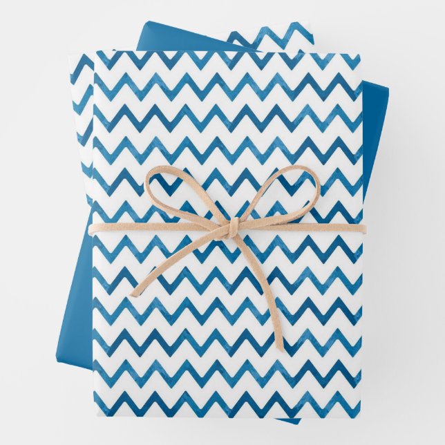 Modern Blue Zigzag Striped Gift Christmas Wrapping Paper Sheet (In situ)