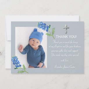 Modern Bluebonnets Dusty Blue Cross Boy Baptism Thank You Card