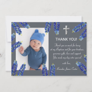 Modern Bluebonnets Dusty Blue Cross Boy Baptism Thank You Card
