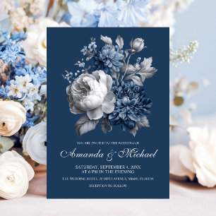 Modern Blues & Gray Floral Wedding Invitation