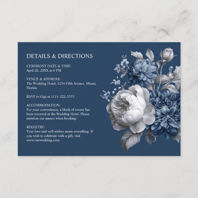 Modern Blues & Grey Floral Wedding  Enclosure Card (Front)