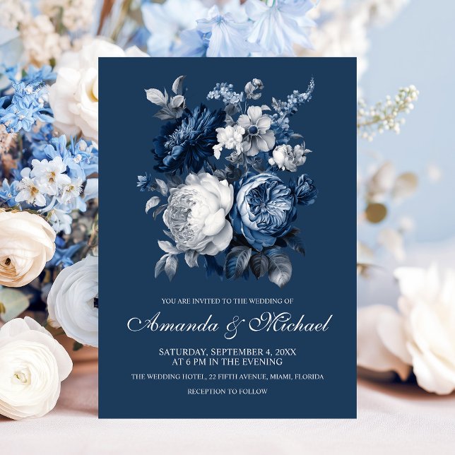 Modern Blues & Grey Floral Wedding Invitation (Modern Blues & Gray Floral Wedding Invitation)