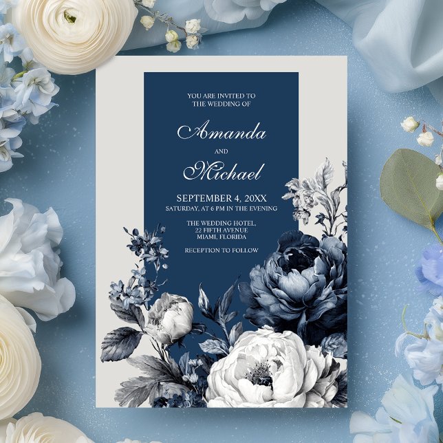 Modern Blues & Grey Floral Wedding Invitation (Modern Blues & Gray Floral Wedding Invitation)