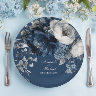 Modern Blues & Grey Floral Wedding Paper Plate