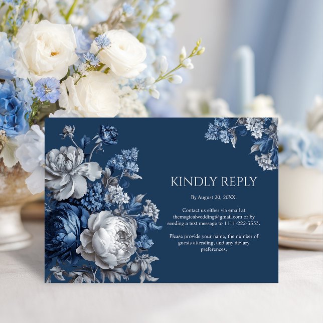 Modern Blues & Grey Floral Wedding RSVP Card (Modern Blues & Gray Floral Wedding RSVP Card)