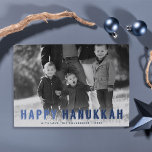 Modern Blues Hanukkah Photo Holiday Card<br><div class="desc">Send Hanukkah greetings to friends and family with these beautiful modern cards that put your family photo in the spotlight. Design features "Happy Hanukkah" in medium and dark blue lettering with a modern vintage poster feel. White gradient layer helps text show up against your photo, but can be deleted if...</div>