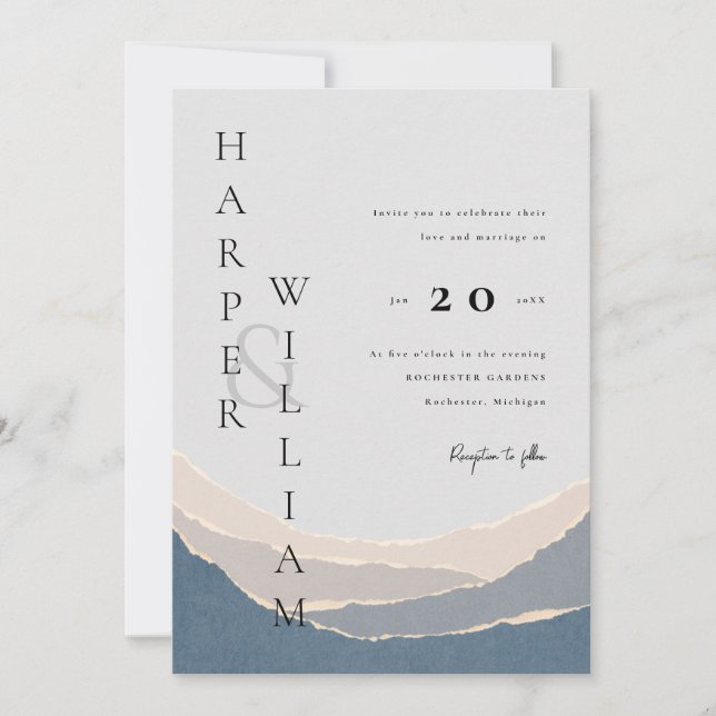 modern bluetorn paper mountains wedding invitation (Front)