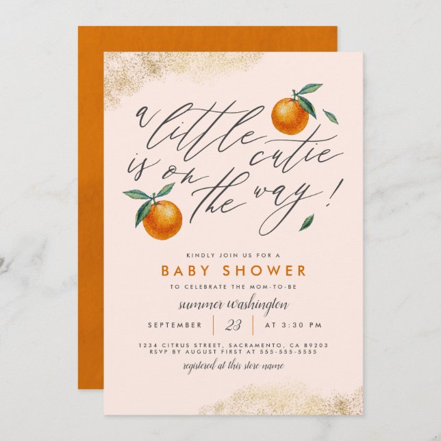 Modern Blush A Little Cutie Orange Baby Shower Invitation (Front/Back)