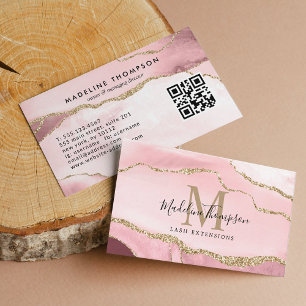 Modern Blush Agate Geode Gold Monogram QR Code Business Card