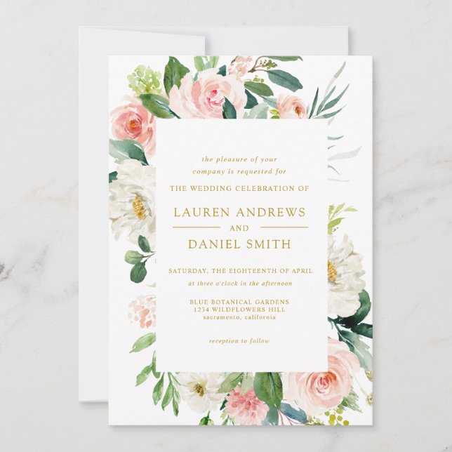 Modern Blush | All in one  Gold Floral Wedding Invitation (Front)