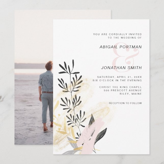 Modern Blush and Black Botanical Wedding Photo Invitation (Front/Back)