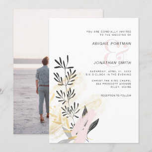 Modern Blush and Black Botanical Wedding Photo Invitation