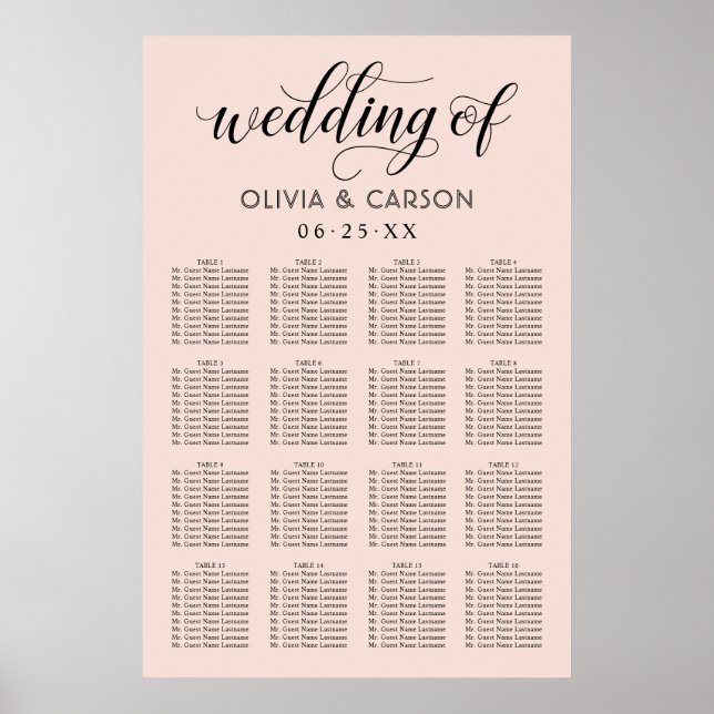 Modern Blush and Black Script Wedding Seating Poster (Front)