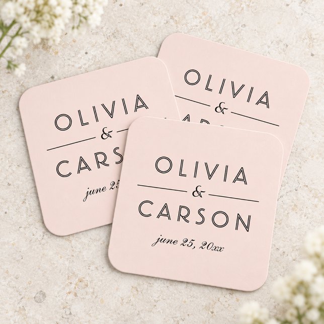Modern Blush and Black Wedding Monogram Square Paper Coaster (Creator Uploaded)