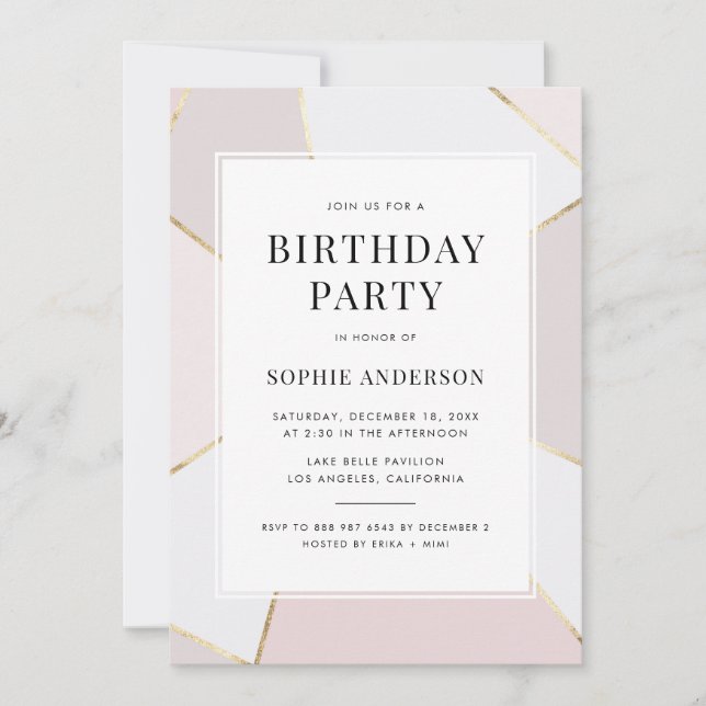 Modern Blush and Gold Foil Geometric Birthday  Invitation (Front)