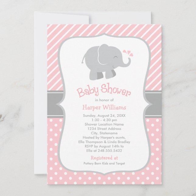 Modern Blush and Grey Elephant Girl Baby Shower Invitation (Front)