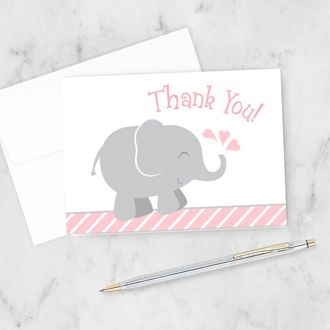 Modern Blush and Grey Elephant Girl Baby Shower Thank You Card (Creator Uploaded)