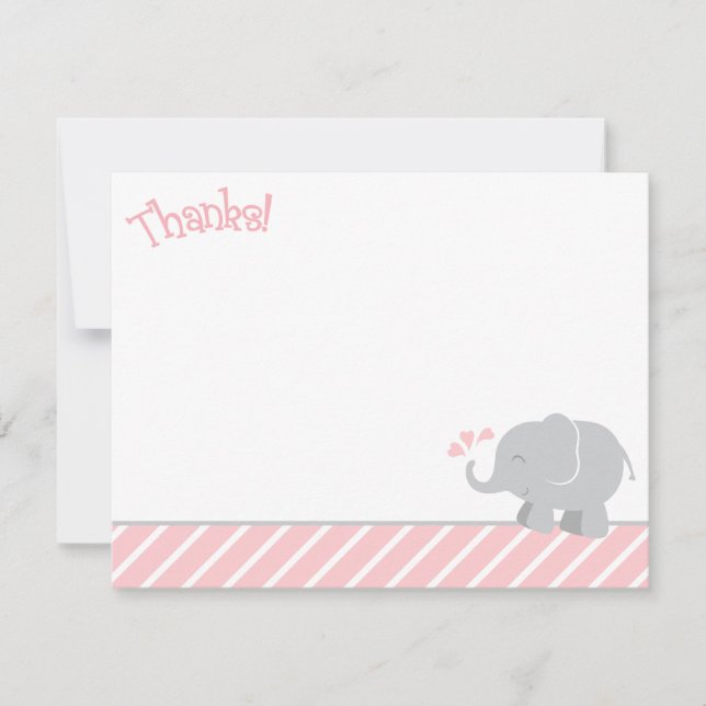 Modern Blush and Grey Elephant Girl Baby Shower Thank You Card (Front)