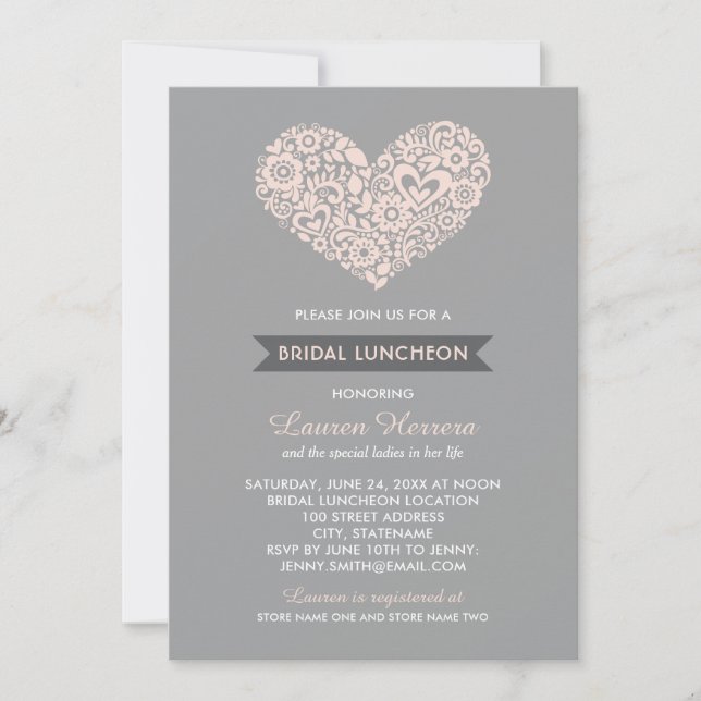 Modern Blush and Grey Floral Heart Bridal Luncheon Invitation (Front)