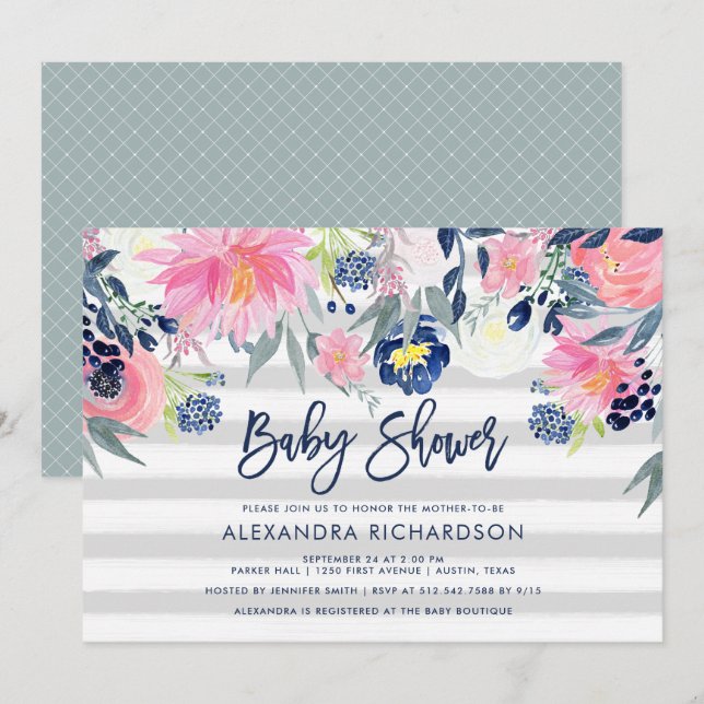Modern Blush and Navy Floral Baby Shower Invitation (Front/Back)