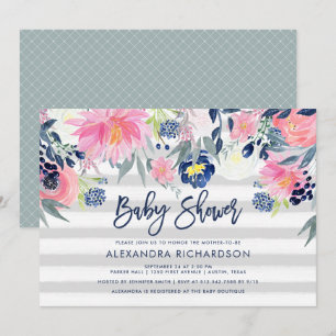 Modern Blush and Navy Floral Baby Shower Invitation