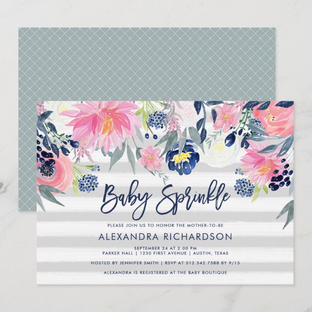 Modern Blush and Navy Floral Baby Sprinkle Invitation (Front/Back)