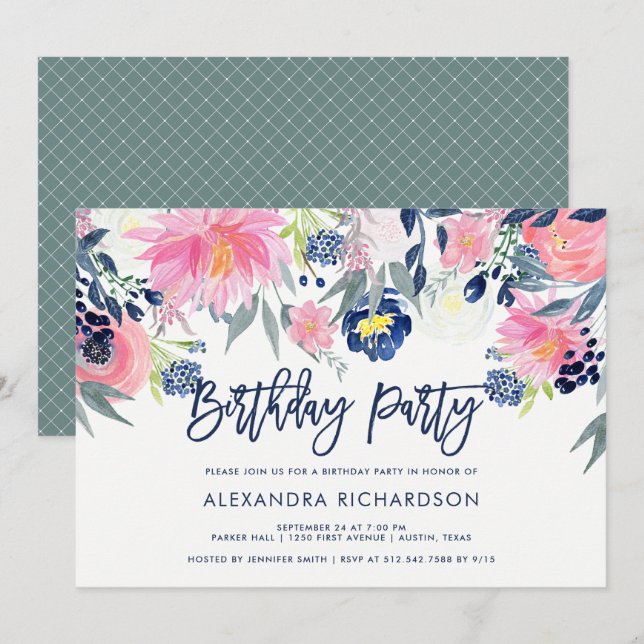 Modern Blush and Navy Floral Birthday Party Invitation (Front/Back)