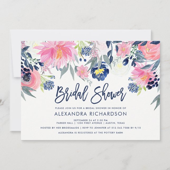 Modern Blush and Navy Floral Bridal Shower Invitation (Front)