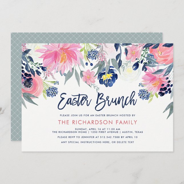 Modern Blush and Navy Floral Easter Brunch Invitation (Front/Back)