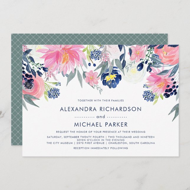 Modern Blush and Navy Floral Wedding | Version Two Invitation (Front/Back)