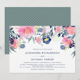 Modern Blush and Navy Floral Wedding   Version Two Invitation
