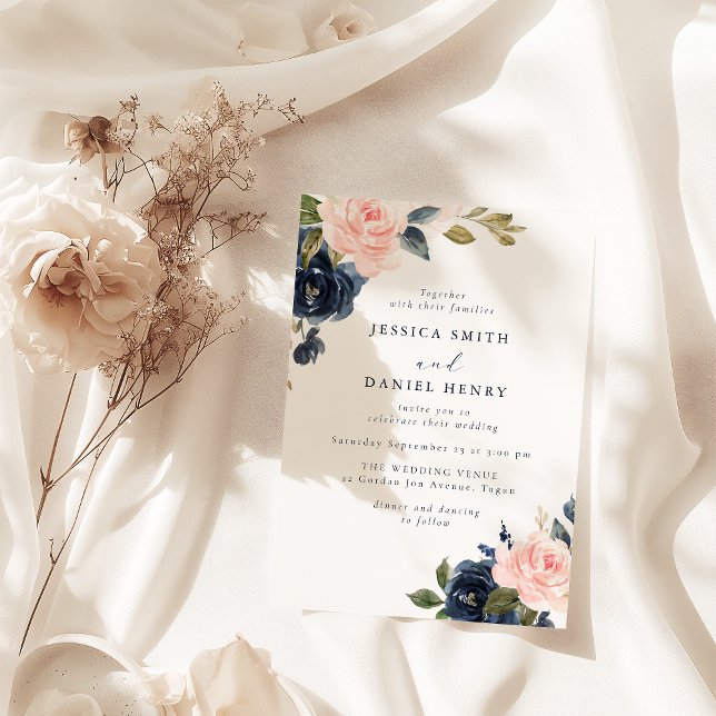 Modern Blush and Navy Florals Wedding Invitation (Creator Uploaded)