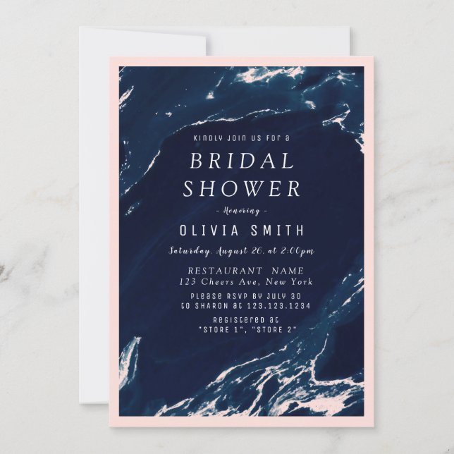 Modern blush and navy marble bridal shower invitation (Front)