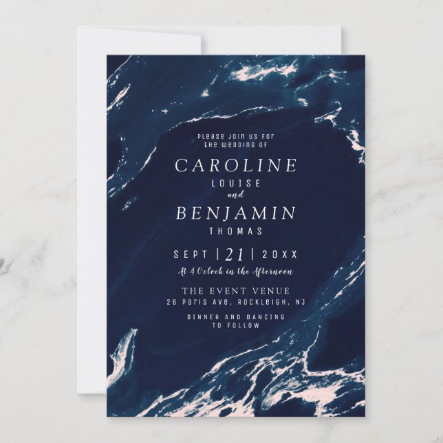 Modern blush and navy marble nautical wedding invitation (Front)