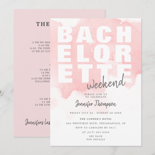 Modern Blush Bachelorette Weekend Itinerary Invitation (Front/Back)