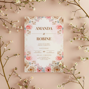 Modern Blush & Beige Floral Wedding Invitation