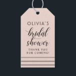 Modern Blush Black Script Wedding Bridal Shower Gift Tags<br><div class="desc">Modern and chic blush pink wedding bridal shower thank you favour tags feature a stylish black typographic design with bold calligraphy script and striped accents and elegant custom text that can be personalised with the bride's name and a thank you message.</div>